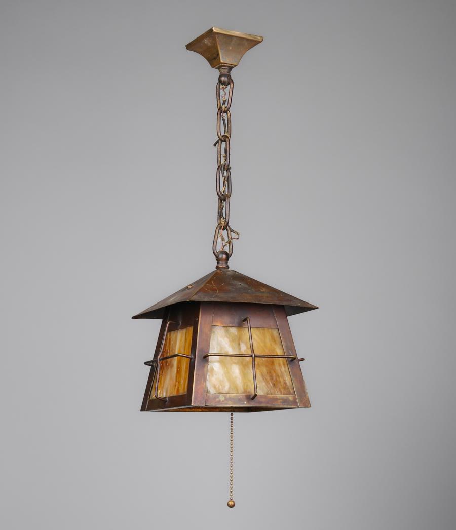 Arts & Crafts Copper & Slag Glass Hanging Light c1910 (1 of 2)