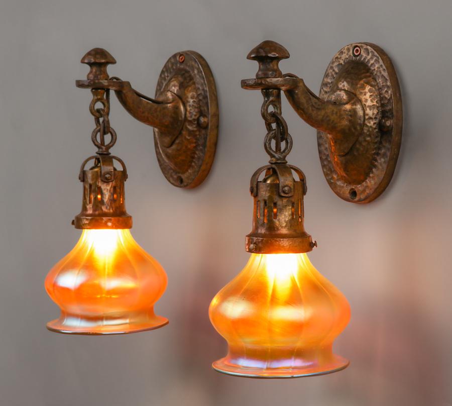 Pair Arts & Crafts Iron & Art Glass Shades c1910s (1 of 4)