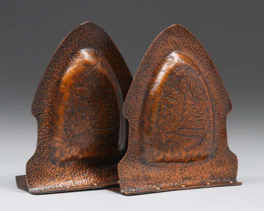 Arts & Crafts Hammered Copper Acid-Etched Landscape Bookends c1920s (1 of 2)
