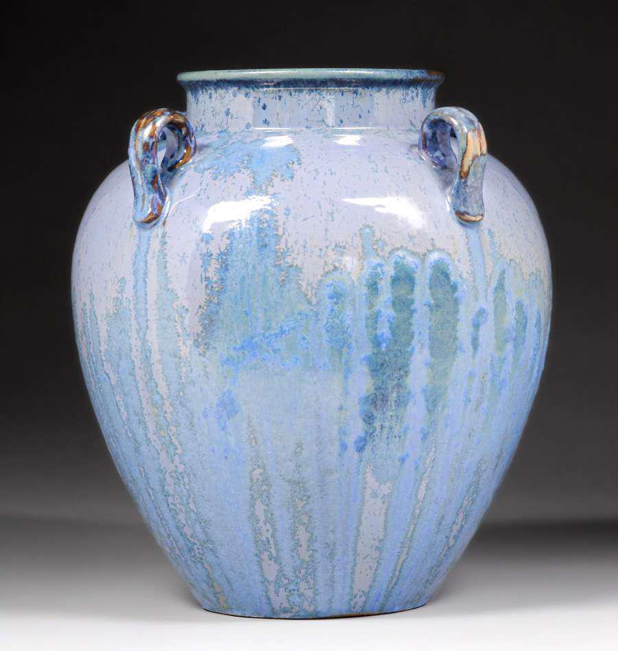 Large & Impressive Fulper Pottery Four-Handled Blue Crystalline Bulbous Vase c1910s (1 of 4)