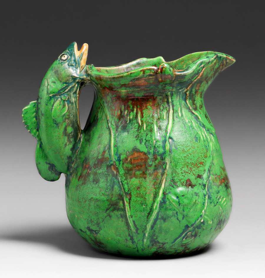 Weller Coppertone Matte Green Fish Pitcher c1920s (1 of 5)