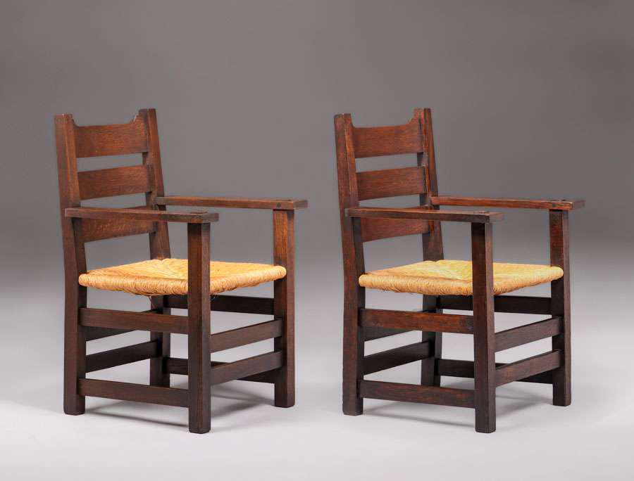 Pair Early Gustav Stickley #2616 U-Back Armchairs c1902 (1 of 6)
