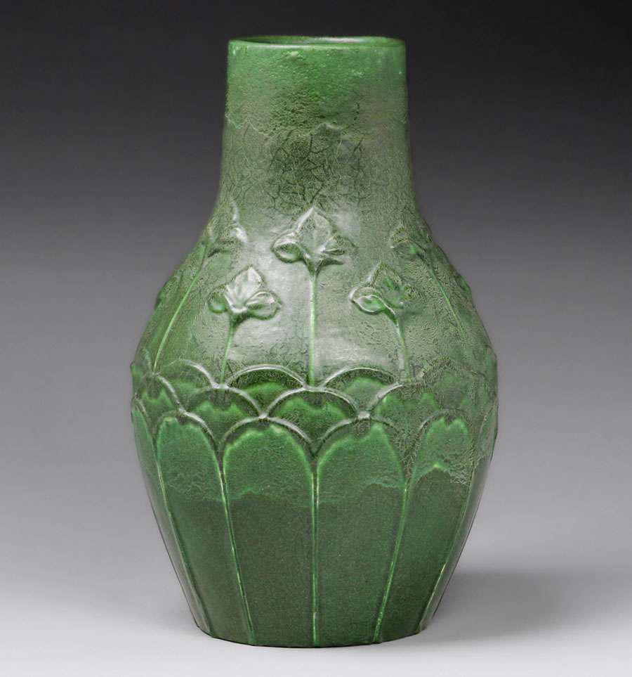 Large Grueby Pottery Matte Green Stacked Leaves Vase c1905 (1 of 4)