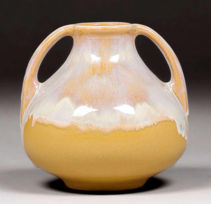 Fulper Pottery Two-Handled Ivory Drip Yellow Vase c1910s (1 of 5)