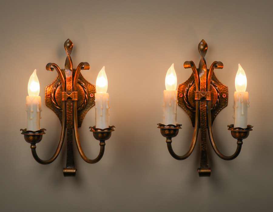 Pair Roycroft Hammered Copper Candle Light Sconces c1920s (1 of 5)