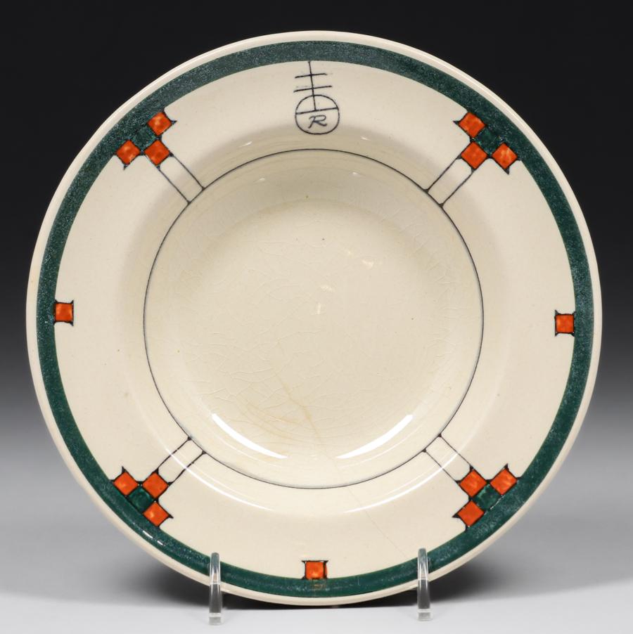 Roycroft Buffalo Pottery Bowl c1920s: Roycroft Buffalo Pottery Bowl c1920s. Marked with Roycroft Logo only. Hairline. 7.25"d x 1.5"h. Spend $5000 or more at this auction and all of your SHIPPING IS FREE within the lower 48 states. SHIPPIN