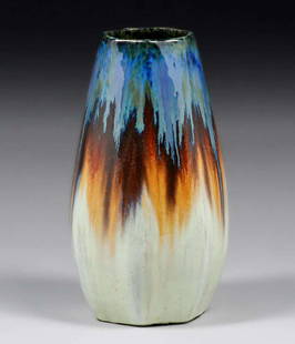 Fulper Pottery Seven-Sided Flambe Vase c1910s: Fulper Pottery Seven-Sided Flambe Vase c1910s. Signed. Perfect condition. 9.75”h x 4.5”d. Spend $5000 or more at this auction and all of your SHIPPING IS FREE within the lower 48