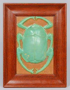 Owens Pottery Scarab Tile c1910: Owens Pottery Scarab Tile c1910. Unsigned. Invisible professional restoration to surface chips, otherwise perfect condition. 9”h x 6”w. Frame 13”h x 9.5”w. Spend $5000 or