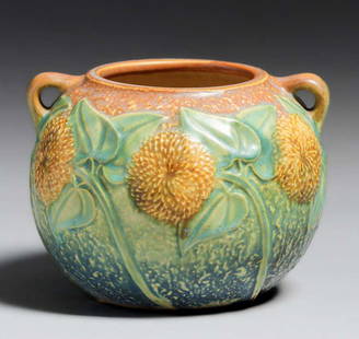 Roseville Pottery Sunflower Two-Handle Vase: Roseville Pottery Sunflower Two-Handle Vase. Signed. Perfect condition. 6"d x 4"h. Spend $5000 or more at this auction and all of your SHIPPING IS FREE within the lower 48 states.SHIPPINGWe box