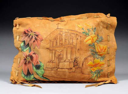 California Mission Dolores - San Francisco California Poppy Leather Pillow c1915: California Mission Dolores - San Francisco California Poppy Leather Pillow c1915. Unsigned. Excellent condition. 21”h x 17.75"w. Spend $5000 or more at this auction and all of your SHIPPING