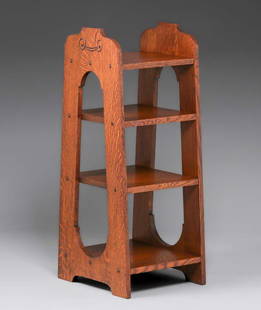 Grand Rapids Spoon-Carved Cutout Magazine Stand c1905: Grand Rapids Spoon-Carved Cutout Magazine Stand c1905. Unsigned. Excellent original finish. 35.75"h x 14"w x 15.75"d at base (12"d at top) Spend $5000 or more at this auction and all of your