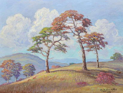 Clyde Leon Keller Painting "Top of the Hill" 1946: Clyde Leon Keller (1872 - 1962) Painting "Top of the Hill" 1946. Keller was active in both California and Oregon, although he is better known for his painting in Oregon. Signed. Excellent condition.