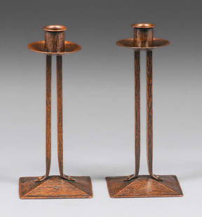 Karl Kipp Hammered Copper "Princess" Candlesticks c1915: Karl Kipp Hammered Copper "Princess" Candlesticks c1915. Signed. Excellent new patina. 8.5"h x 4.5" x 4.5". Spend $5000 or more at this auction and all of your SHIPPING IS FREE within the lower 48