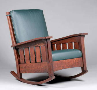 L&JG Stickley Bentarm Slatted Rocker c1905-1907: L&JG Stickley Bentarm Slatted Rocker c1905-1907. Signed with L&JG Stickley Handcraft mark. Color added to original finish. Rock solid sturdy and extremely comfortable. 40.5"h x 32.25"w x 36.75"d. 