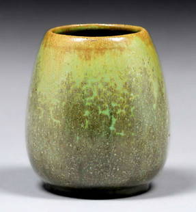 Fulper Pottery Cucumber Green Vase c1910s: Fulper Pottery Cucumber Green Vase c1910s. Signed. Small grinding chip, otherwise perfect condition. 4"h x 3.25"d. Spend $5000 or more at this auction and all of your SHIPPING IS FREE within the lower