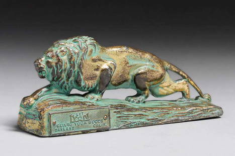 "Let Lyon Guard Your Goods" Cast Lion Paperweight 1919: "Let Lyon Guard Your Goods" Cast Lion Paperweight 1919. Signed. Excellent original patina. 4 3/8"w x 2"h x 1"d. Spend $5000 or more at this auction and all of your SHIPPING IS FREE within the lower