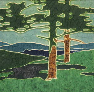 Grueby Faience Pine Trees Tile c1906