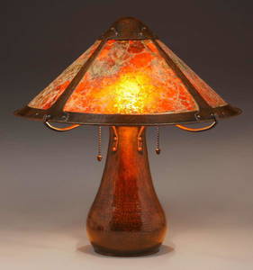 Dirk van Erp Hammered Copper & Mica Two-Socket Lamp c1911-1912