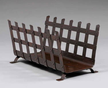 Large Michael Adams - Aurora Studios Hammered Copper & Iron Log Holder 2021: Large Michael Adams - Aurora Studios Hammered Copper & Iron Log Holder 2021. Gustav Stickley design #405. Signed. Excellent condition. 29"w x 18.25" x 15"h. Spend $5000 or more at this auction and all