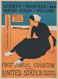 Charles Herbert Woodbury Boston Arts & Crafts Poster 1895: Charles Herbert Woodbury (1864 - 1940) Poster 1895. Society of Painters in Water Color or Holland. Chases' Gallery Hamilton Place Boston. First Annual Exhibition in the United States Beginning March 1