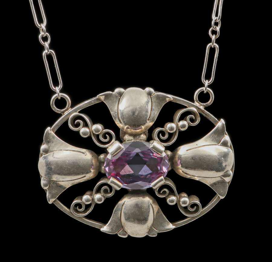 Kalo - Chicago Sterling Silver & Faceted Amethyst Pendant Necklace c1920s (1 of 5)