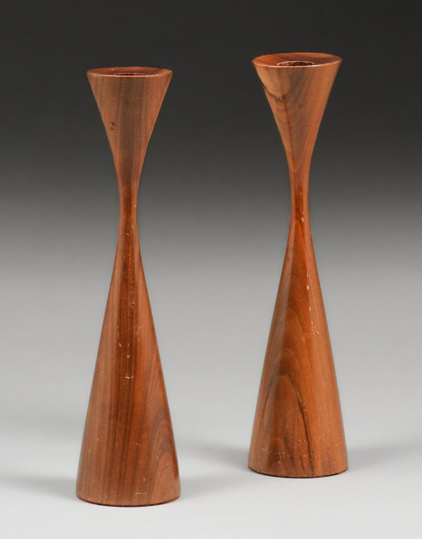 Pair Tall Danish Modern Teak Hourglass Candlesticks c1960s (1 of 4)