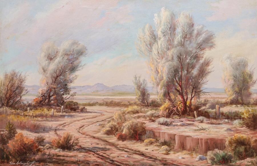 John Anthony Conner "Smoke Trees After Rain" Painting c1940s: John Anthony Conner (1892-1971) "Smoke Trees After Rain" Painting c1940s. Signed. Excellent condition. 24"h x 30"w. Original frame 29.5"h x 35.5"w. Spend $5000 or more at this auction and all of your