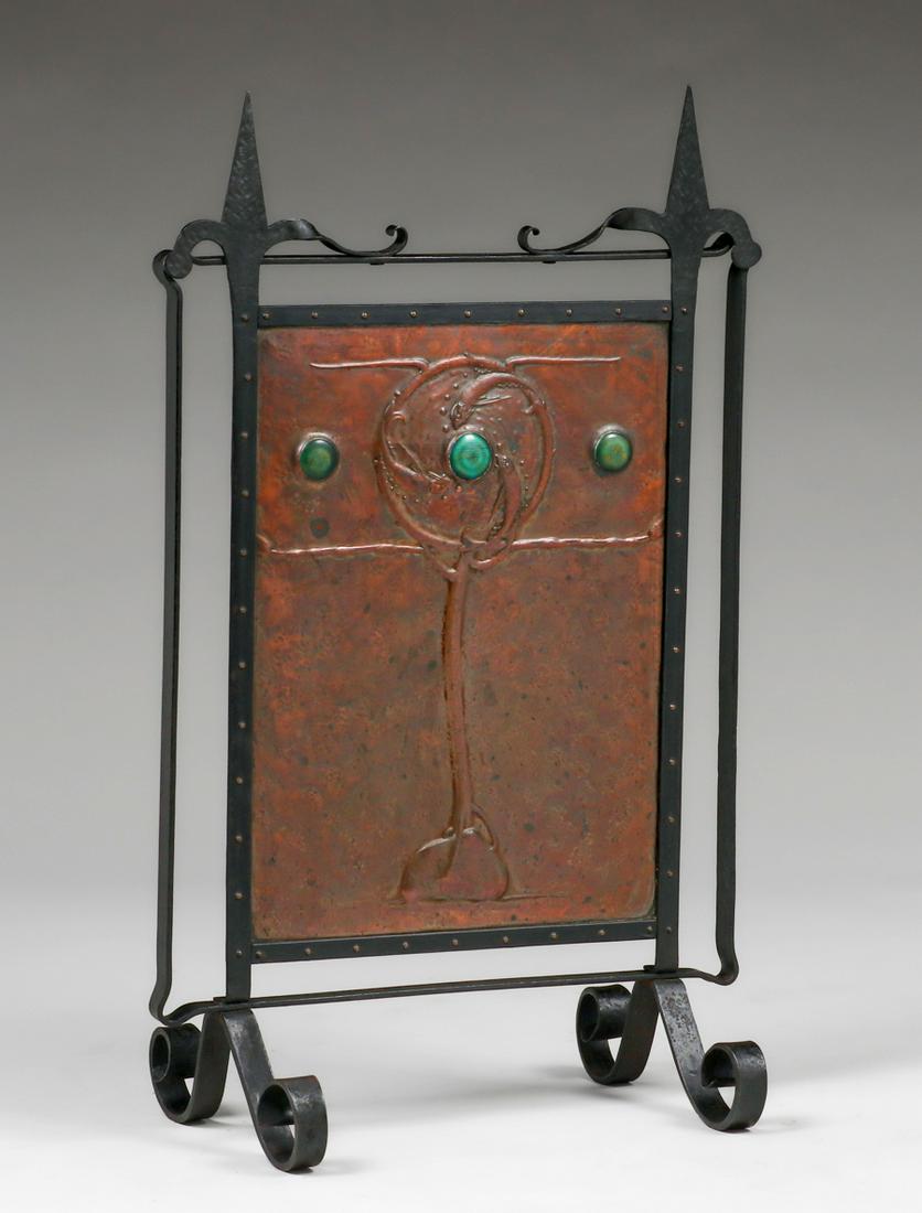 English Arts & Crafts Hammered Copper, Ruskin Enamel & Iron Firescreen c1900 (1 of 6)