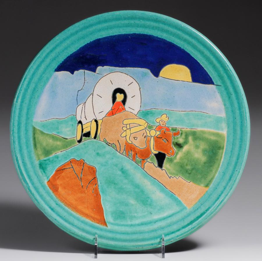 San Jose Pottery - San Antonio, Texas Large Cowboy Wagon Charger c1930s: San Jose Pottery - San Antonio, Texas Large Cowboy Wagon Charger c1930s. Unsigned. Perfect condition. 13 3/8d. Spend $5000 or more at this auction and all of your SHIPPING IS FREE within the lower 48 