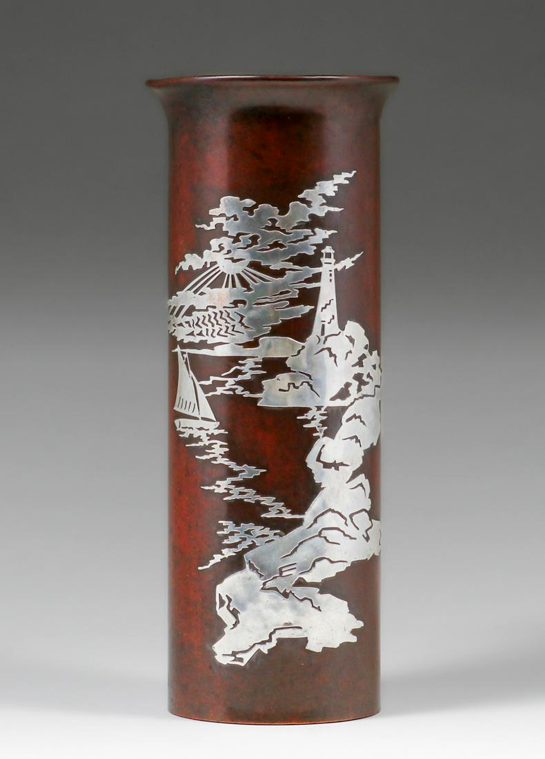 Heintz Sterling on Bronze Sunrise Sailboat Vase c1910 (1 of 4)