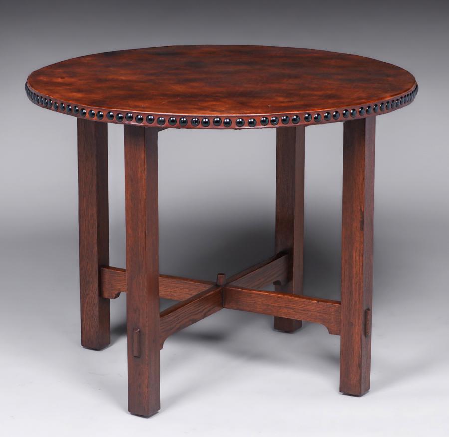 Gustav Stickley 38d Leather-Top Lamp Table c1905 (1 of 5)