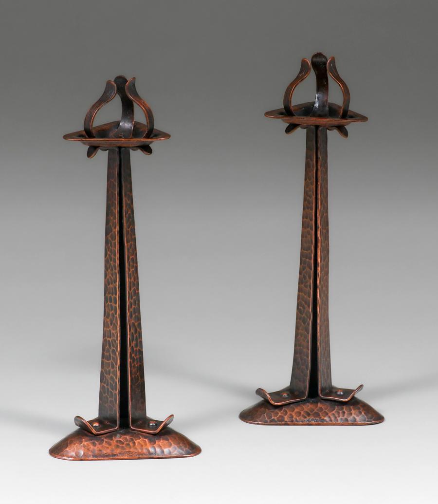 Buffalo, New York Arts & Crafts Hammered Copper Triangular-Shaped Candlesticks c1910s (1 of 6)