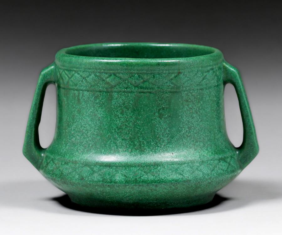 Small Weller Pottery Matte Green Two-Handled Jardiniere c1910 (1 of 4)