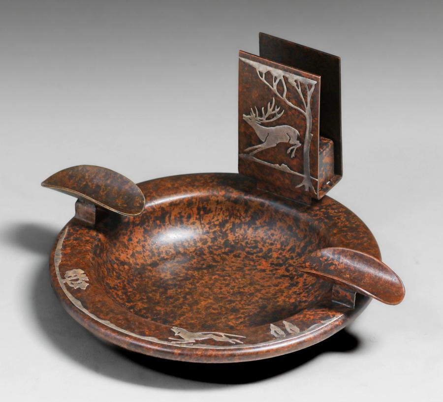 Heintz Sterling on Bronze Dog & Elk Overlay Cigar Ashtray c1915