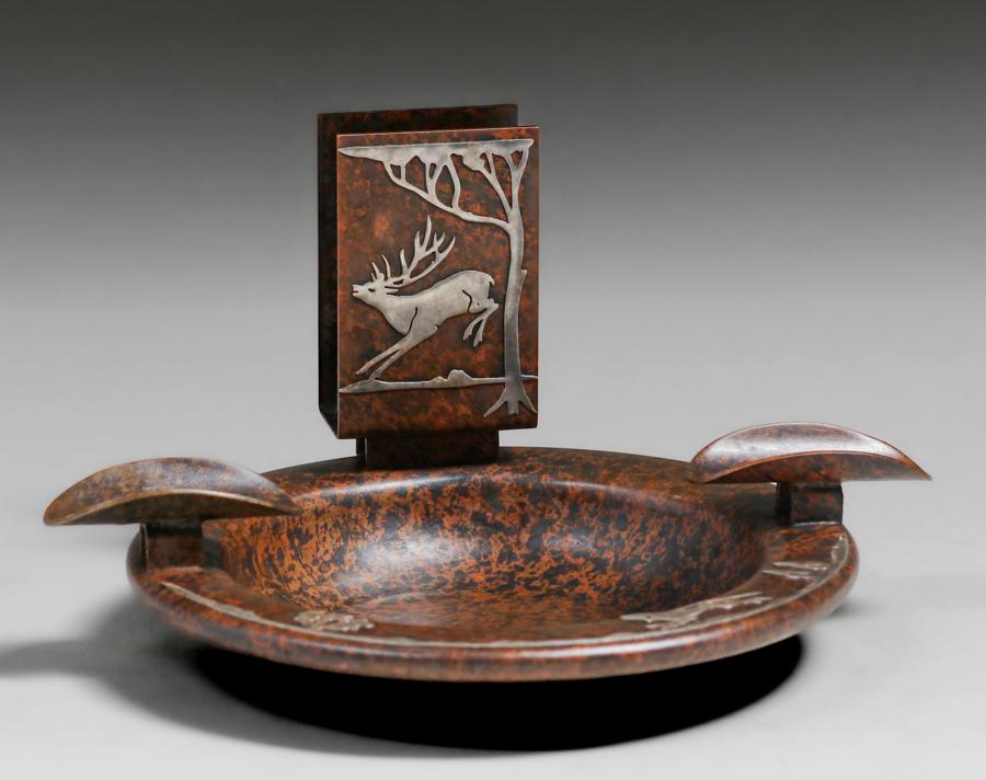 Heintz Sterling on Bronze Dog & Elk Overlay Cigar Ashtray c1915