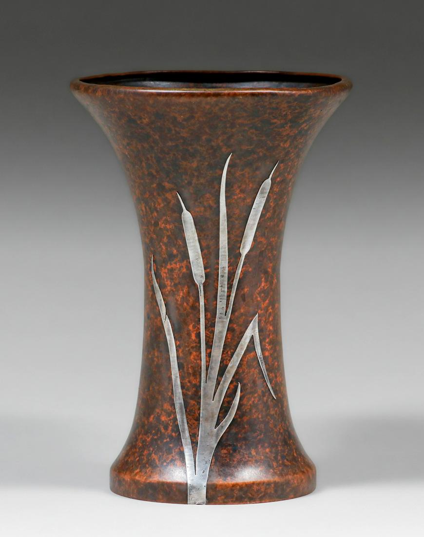 Silvercrest Sterling on Bronze #A7017 Cattail Overlay Vase c1920 (1 of 4)