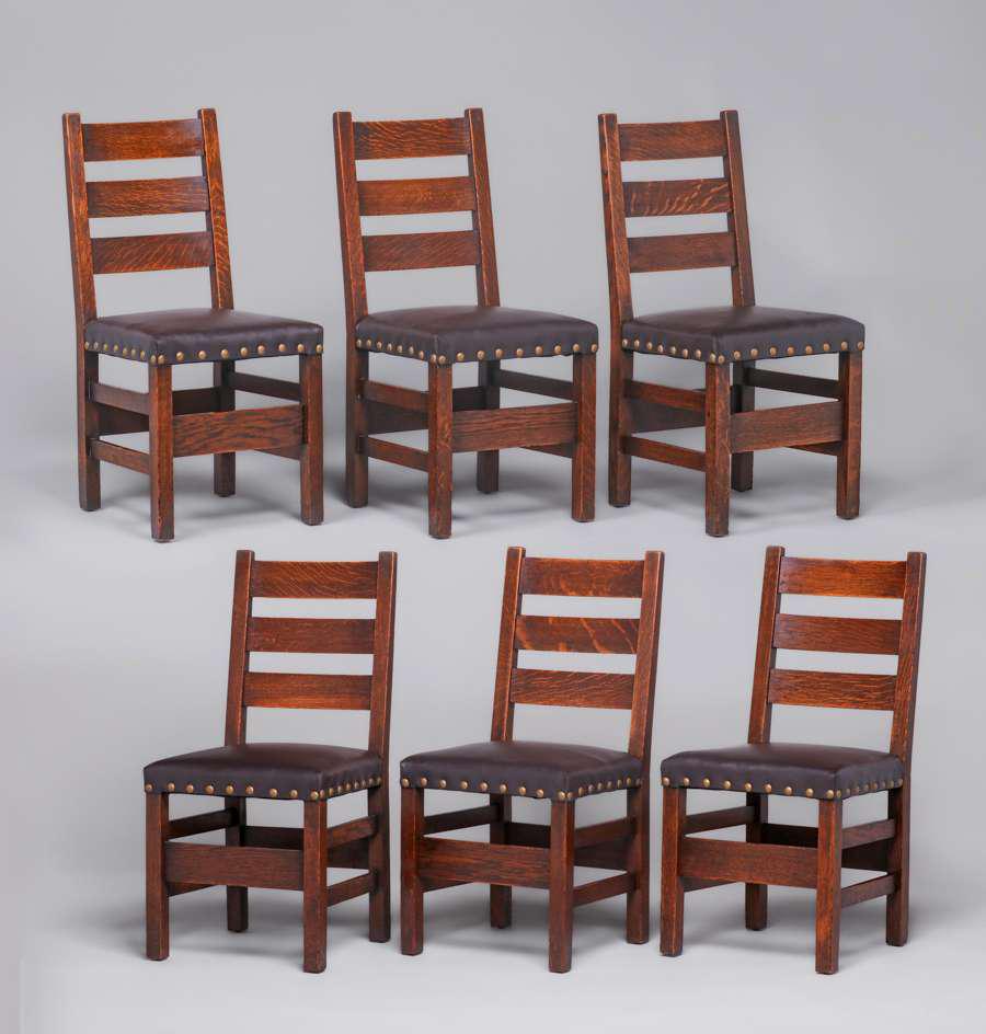 Gustav Stickley Set of 6 #349 1/2 Heavy Ladderback Dining Chairs c1904 (1 of 4)