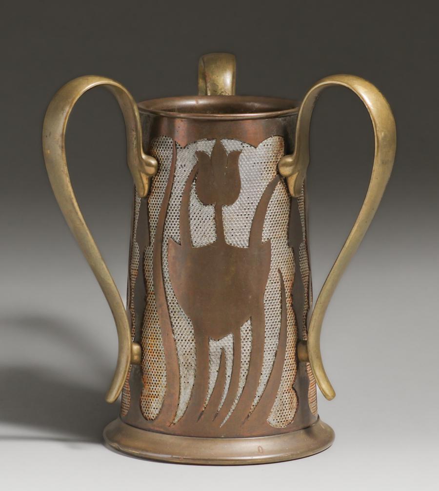 Arts & Crafts Art Nouveau Three-Handled Copper & Brass Vase c1910 (1 of 4)