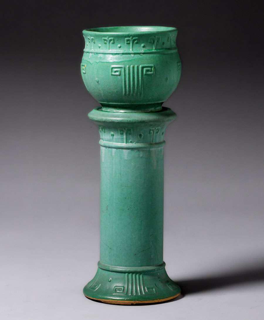 Zanesville Stoneware Matte Green Jardiniere & Pedestal c1910 (1 of 8)
