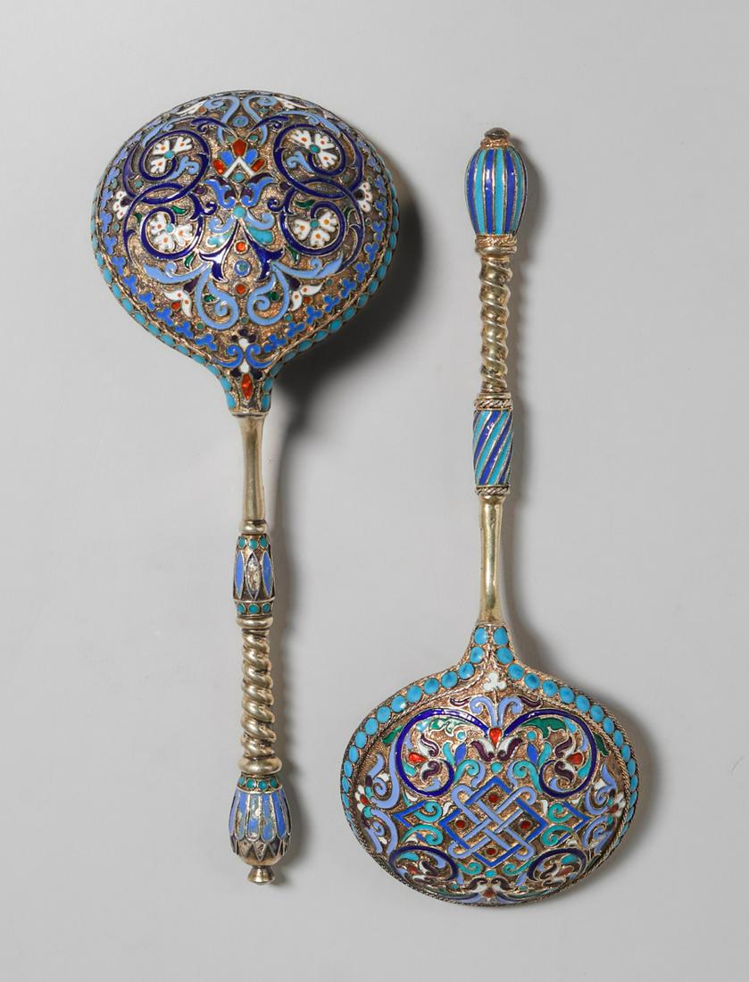 Gustav Klingert Russian Imperial Silver & Enamel Set of 2 Serving Spoons 1887 (1 of 11)
