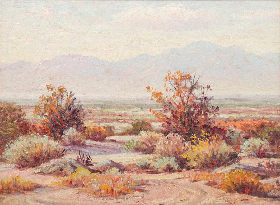 John Anthony Conner California Desert Oil Painting: John Anthony Conner (1892-1971) California Desert Oil Painting. Signed. Excellent condition. 14h x 18w. Frame 20.5h x 24.5w. Spend $5000 or more at this auction and all of your SHIPPING IS FREE within