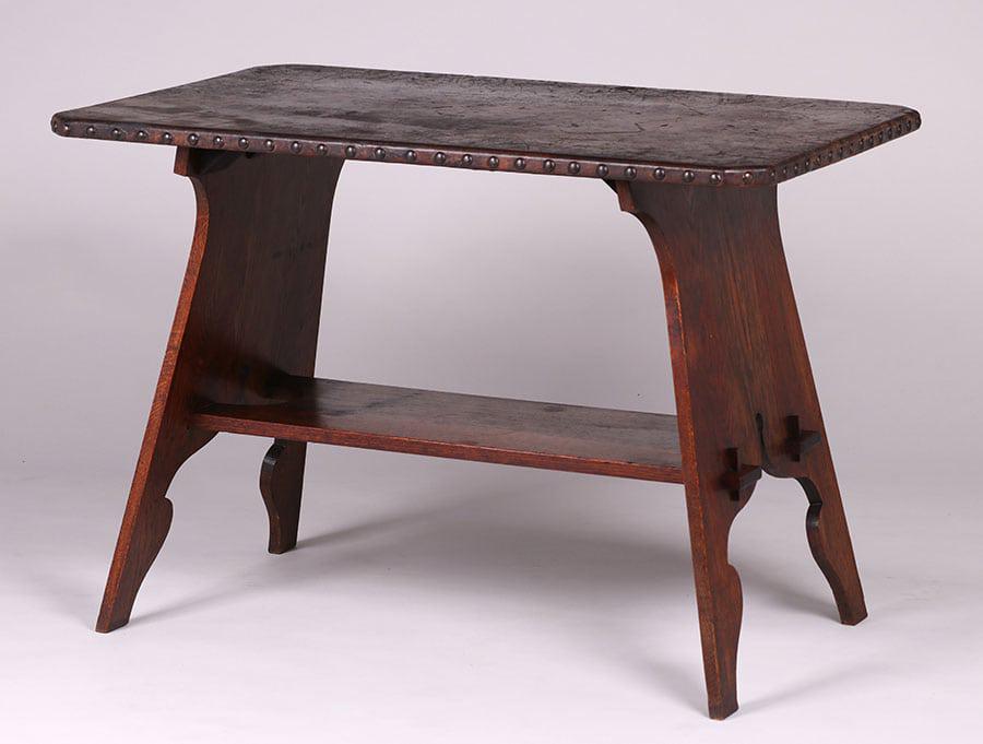 Grand Rapids Leather Top Trestle Table c1905 (1 of 2)