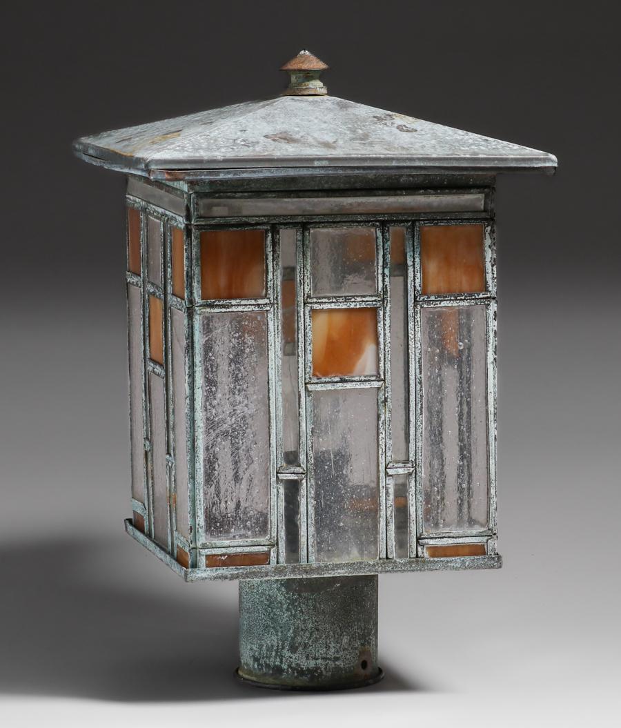Prairie School Leaded Glass Newell Post Lamp c1910 (1 of 5)