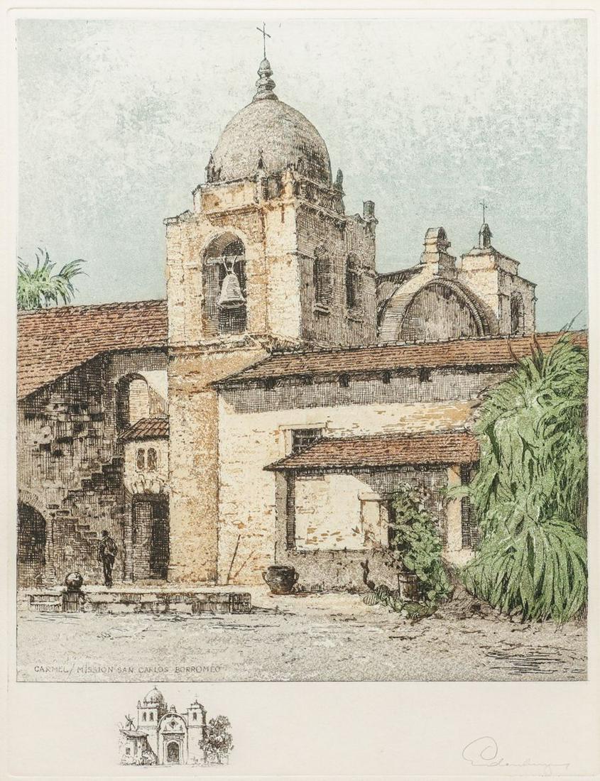 Joseph Eidenberger Color Etching Carmel Mission San Carlos Borromeo c1970s (1 of 5)
