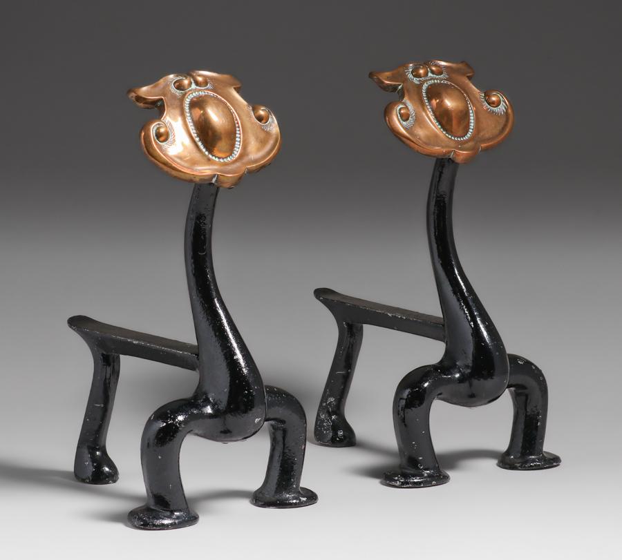 Art Nouveau Iron & Copper Andirons c1900: Art Nouveau Iron & Copper Andirons c1900. Unsigned. Some wear to original blackened paint. Copper partially polished. 12h x 8.25 depth x 6w inches. Spend $5000 or more at this auction and all of your