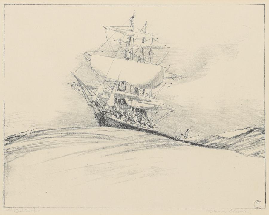 Alson Skinner Clark (1876-1949) Litho There She Blows c1920s: Alson Skinner Clark (1876-1949) Litho There She Blows c1920s. Signed. Frame has several nicks and chips to paint. Lithograoh in excellent condition. Image 7h x 8.75w. Frame 17.75h x 19.75w. Spend $50