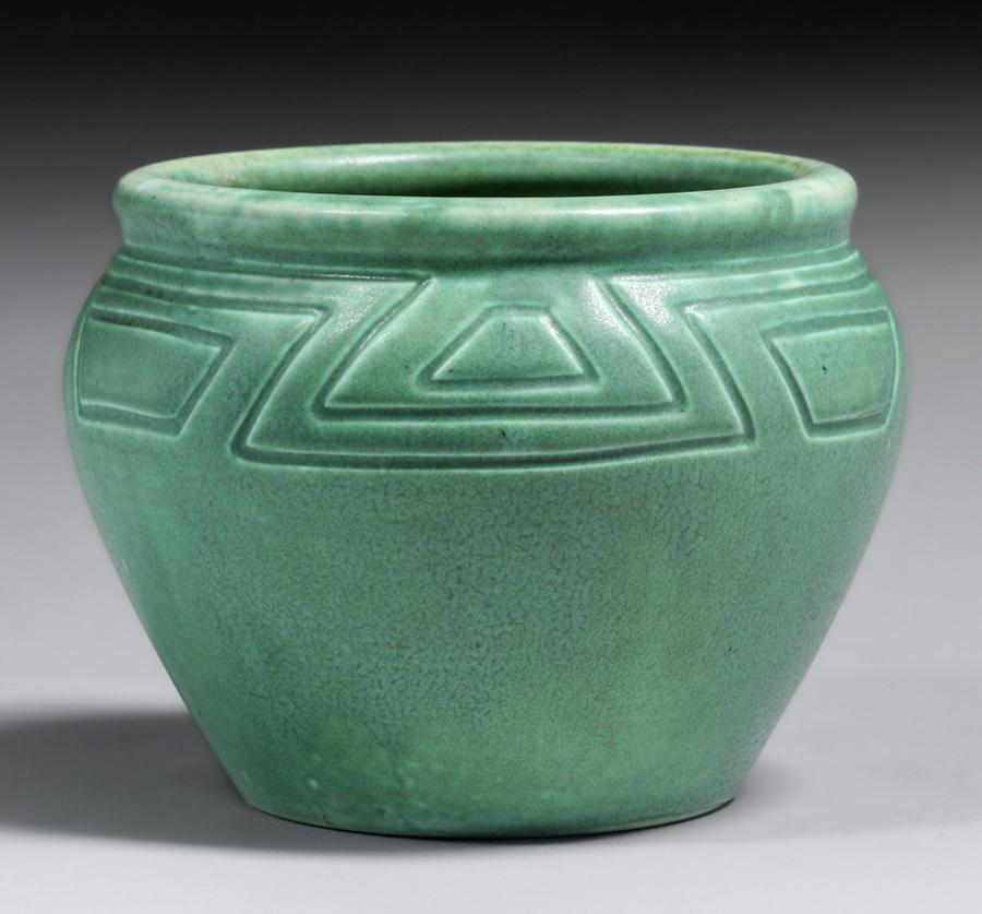 Rookwood Pottery Albert Munson Z-Line Green Vase 1901: Rookwood Pottery Albert Munson Z-Line Green Vase 1901. Signed. Glaze skip near base, otherwise perfect condition. 7"d x 5.25"h. Spend $5000 or more at this auction and all of your SHIPPING IS FREE wit