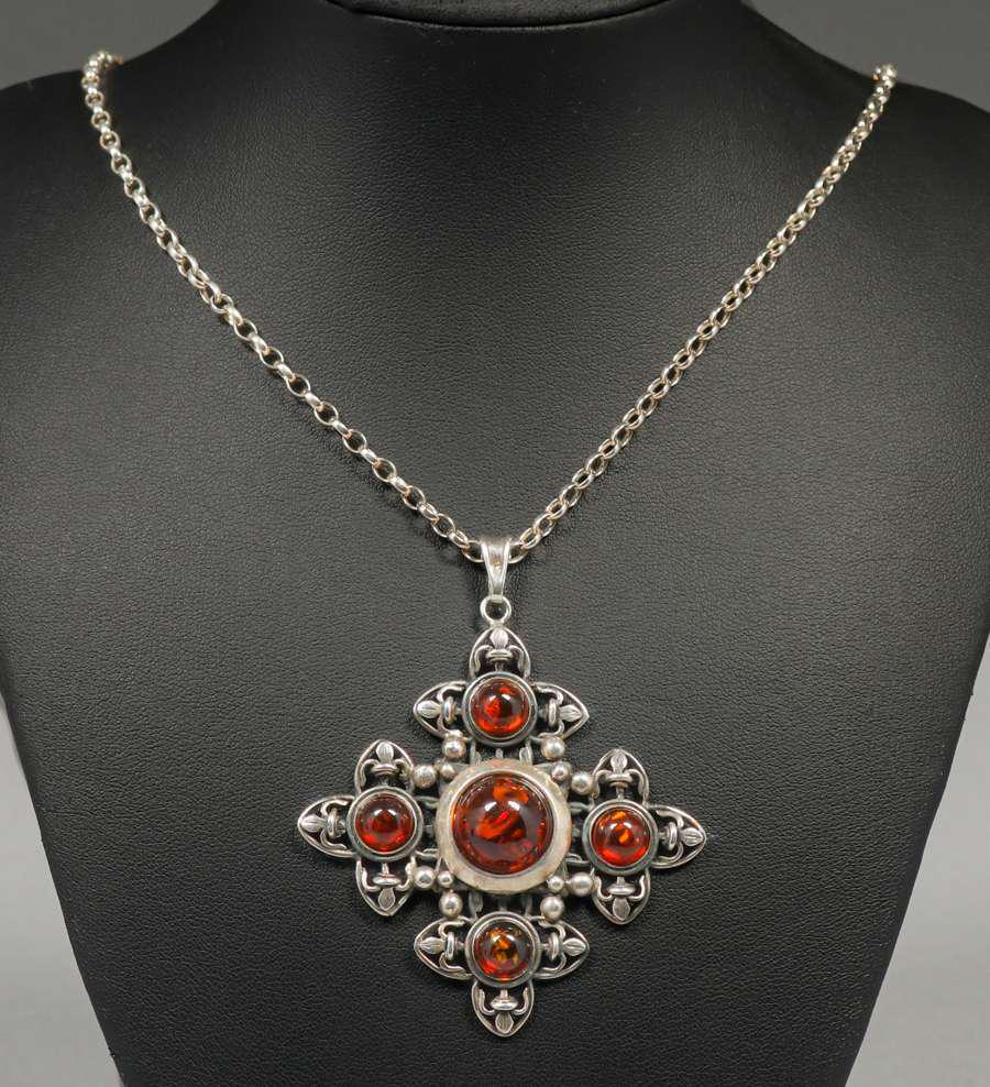 Arts & Crafts Renaissance Revival Sterling Silver &  Amber Cabochons Necklace c1910 (1 of 3)