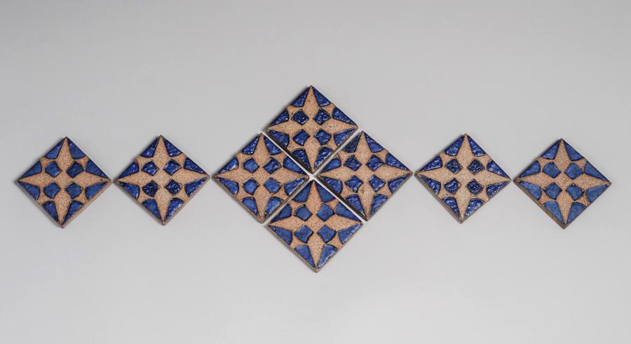 Grueby Set of 8 Matte Blue Starburst Tiles c1910 (1 of 5)