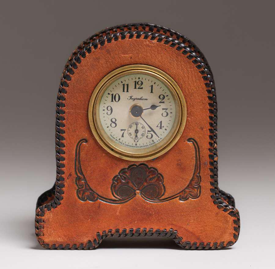 Ingraham Clock Co Tooled Leather Desk Clock c1910s (1 of 5)